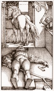 The bewitched palefrenier - (Sleeping Groom and Sorceress) wood engraving by Hans Baldung Grien circa 1544 by Hans Baldung Grien