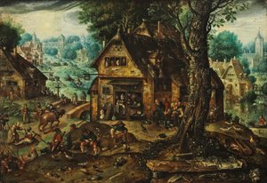 Village view with numerous people by Hans Bol