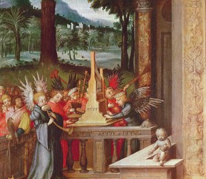 Virgin, Child and Saints (detail of angels playing the organ)