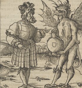 The Devil Offering Poison to a Knight, from Hymmelwagen auff dem, wer wol lebt..., 1517 by Hans Schäufelein the Elder