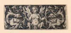 Frieze with Winged Female Figure and Two Grotesque Roosters by Hans Sebald Beham