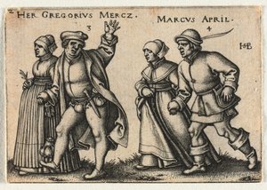 The Peasant Wedding or the Twelve Months: 3-Her Gregorius Mercz 4-Marcus April by Hans Sebald Beham