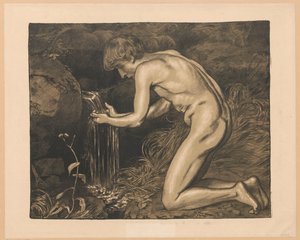 Young Man Drawing Water from a Spring, Nude by Hans Thoma