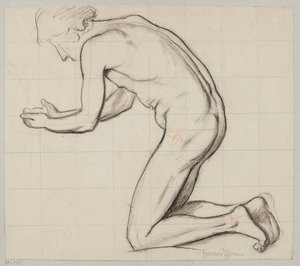 Naked Youth Kneeling by the Spring and Scooping Water with Hands by Hans Thoma