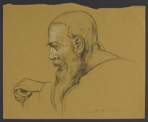 Bust of an Old Man with a Long Beard Leaning on a Cane, Shown in Profile by Hans Thoma