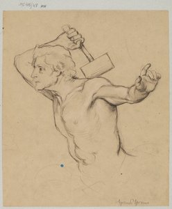Study of a Naked Man, Shown to the Waist, Raising a Hammer by Hans Thoma