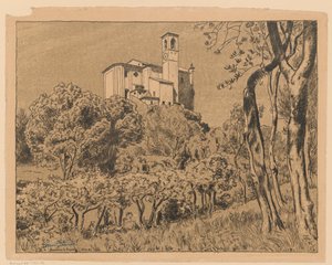 View of St. Nicholas the Wonderworker Church on the Hill in Gardone Riviera by Lake Garda, Lombardy by Hans Thoma