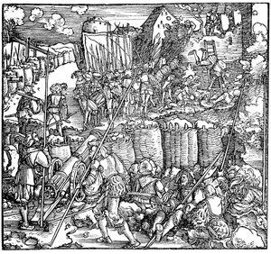 Siege of a fortress. Illustration from the book Phisicke Against Fortune by Petrarch, 1532