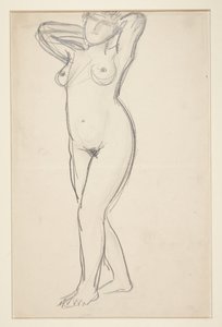 Standing female model with hands behind neck