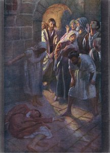 The fall of Eutychus, illustration from Harold Copping Pictures: The Crown Series by Harold Copping