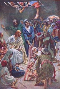 The man let down through the roof, illustration from Harold Copping Pictures: The Crown Series by Harold Copping