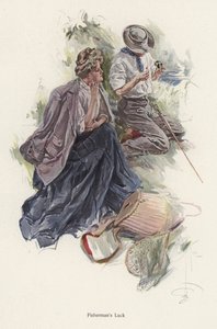 Man fishing on a river bank while a woman looks on by Harrison Fisher
