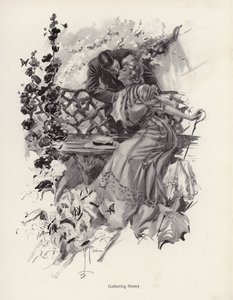 Man kissing a woman in a garden by Harrison Fisher