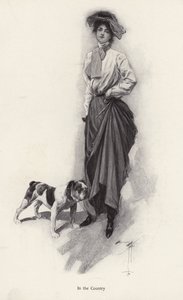 Portrait of a woman dressed for the countryside with her bulldog by Harrison Fisher