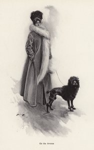 Woman in a long coat with a poodle