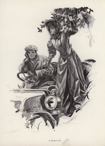 Woman picking apples from inside a car by Harrison Fisher