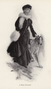 Woman walking her rough collie dog in the winter