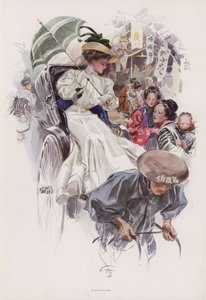 Young American woman riding in a Japanese rickshaw by Harrison Fisher