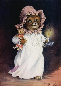 Cat in Nightdress, Carrying a Candle and Teddy Cat, Going to Bed