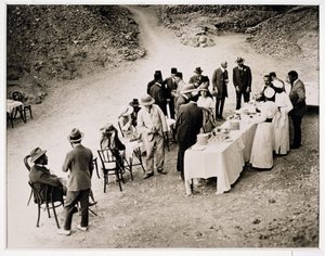 Distinguished visitors taking refreshments near the Tomb of Tutankhamun at the opening of the inner chamber, Valley of the Kings