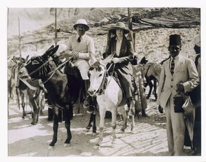 Lady Ribblesdale and Mr Stephen Vlasto arriving on donkeys at the Tomb of Tutankhamun, Valley of the Kings
