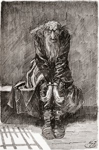 Fagin in the Condemned Cell. " He sat down on a stone bench opposite the door, which served for a seat and bedstead, and casting his bloodshot eyes upon the ground, tried to collect his thoughts. " Illustration by Harry Furniss for the Charles Dickens nove by Harry Furniss