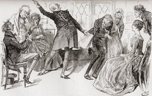 Mr. Micawber Achieves the Downfall of Heep. "The triumphant flourish with which Mr. Micawber delivered himself of the words, had a powerful effect in alarming the mother, who cried out in much agitation, 
