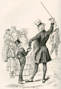 Mr. Micawber Takes David Home. "We walked to our house together, Mr. Micawber impressing the names of streets, and the shapes of corner houses upon me, as we went along." Illustration by Harry Furniss for the Charles Dickens novel David Copperfield by Harry Furniss