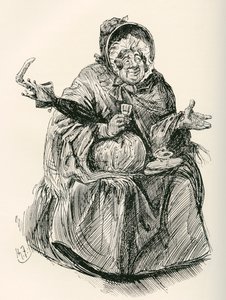 Mrs. Gamp. Illustration by Harry Furniss for the Charles Dickens Novel Martin Chuzzlewit, from The Testimonial Edition, Published 1910. by Harry Furniss