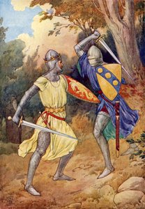 King Arthur fights with the stranger Knight by Harry George Theaker