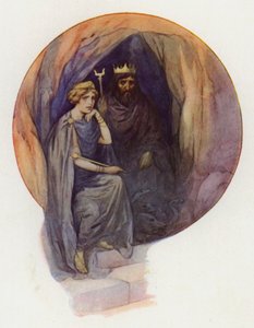 Proserpine sitting dressed in long black robes, on a great black throne with the fierce black King beside her by Harry George Theaker