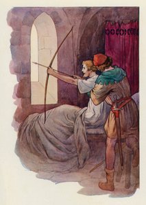 Robin, sitting up in bed, shot the arrow into the greenwood beyond the Abbey wall by Harry George Theaker