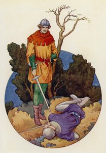 Robin struck home and with one great blow laid Guy of Gisborne dead by Harry George Theaker