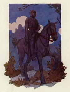 The strange knight came toward them, riding a great black horse and armed all in black by Harry George Theaker