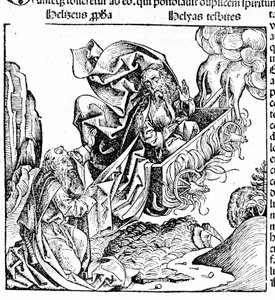 Elijah rises in a chariot of fire, leaving his estate to Elisha. Hartmann Schedel: Chronicle of Nuremberg. Nuremberg 1497 by Hartmann Schedel