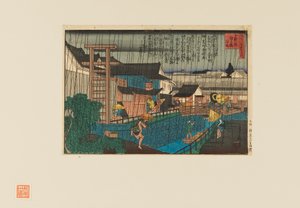Woodblock print - Rain scene at kita-shinchi in Osaka. People with umbrellas, 19th century by Hasegawa Sadanobu