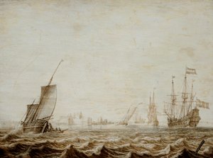 A Wijdschip Lowering Sail in a Choppy Sea, mid-17th century by Heerman Witmont