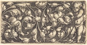 Naked Infant Holding a Double Scroll of Leafy Ornament