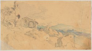 Mountain Landscape with Hut and Ruin by Heinrich Burkel
