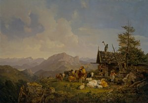 Landscape in the Oberbayen with Herdsmen and Their Cattle Resting by a Hut by Heinrich Burkel