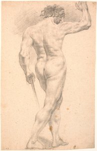 Standing male model, seen from the back, with raised right hand by Heinrich Dittmers