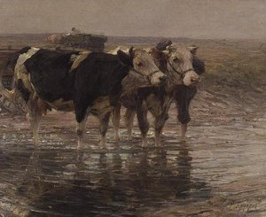 Cattle watering by Heinrich Johann von Zugel