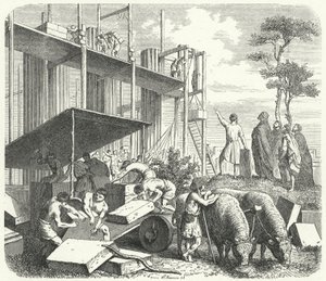Building of a temple on the Aventine Hill, Rome (engraving)
