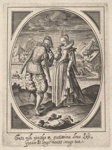 A Man Steps Toward a Woman Who Holds a Goblet to Her Mouth, a Watermill and Mountains in the Background