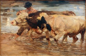 Farmhand with Cow and Ox by Heinrich von Zügel