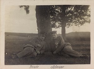 First World War: Ukraine in the years 1914-1916 during the invasion of the German army. Two soldiers in a moment of relax
