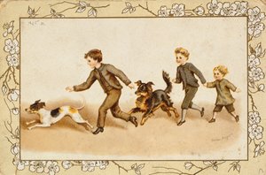 Greetings card depicting children playing with their dogs by Helena J. Maguire