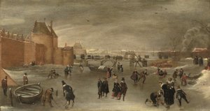 Skaters, kolf players and sledges on a frozen river near the St. Janspoort city gate, with the Kruispoort in the background and the Pink mill beyond, Haarlem by Hendrick Avercamp (studio of)