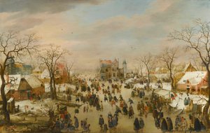A Panoramic Winter Landscape with a Multitude of Figures on a Frozen River by Hendrick Avercamp
