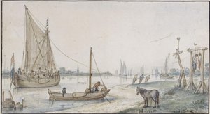 River Landscape, with Towed Sailing Ship, Gallows with Two Hanged Men in the Foreground by Hendrick Avercamp